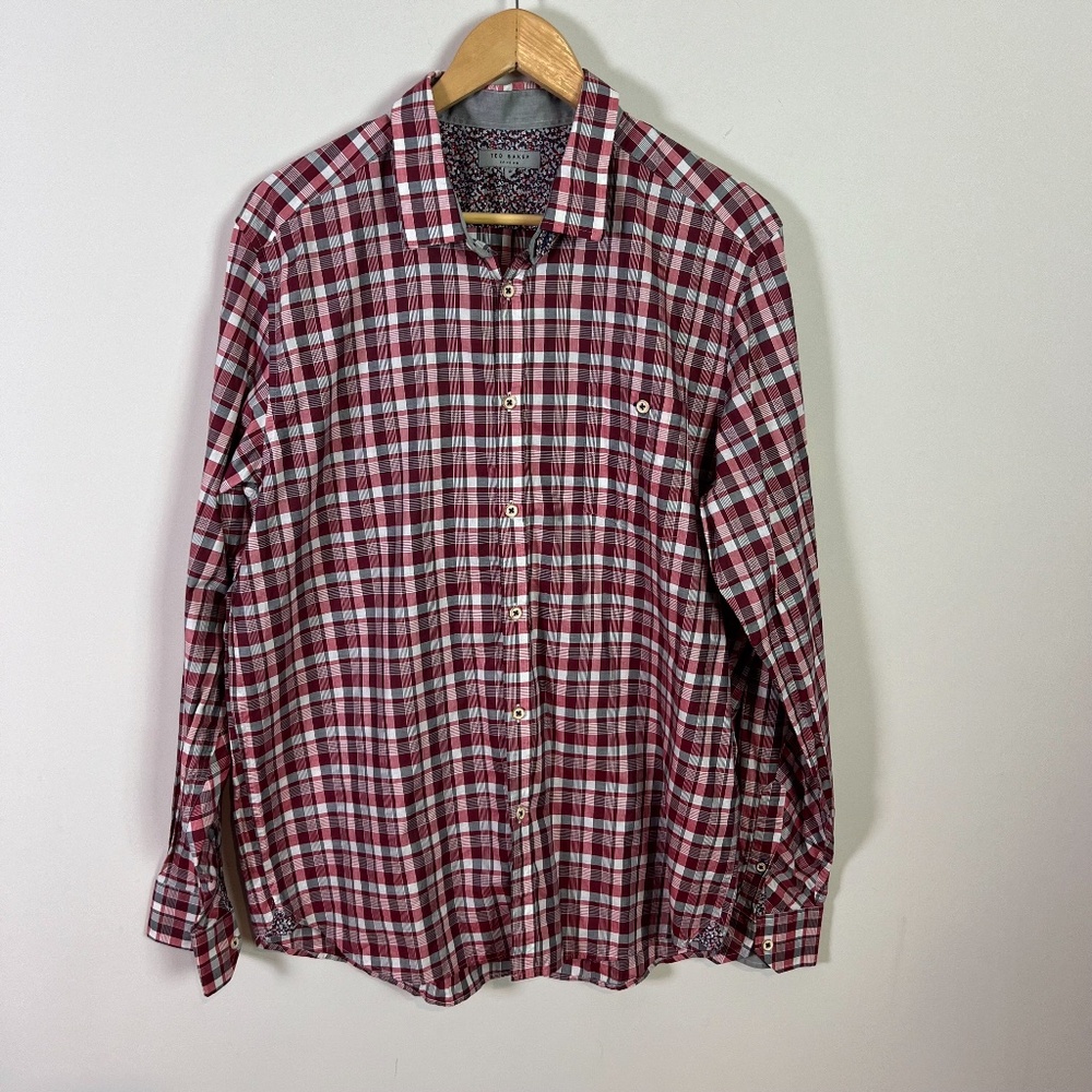 Ted Baker Men’s Burgundy and Gray Plaid Long Sleeve Button Down Dress Shirt XXL